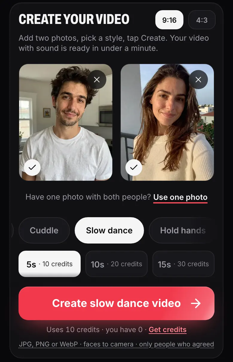 The style row scrolled sideways to Cuddle, Slow dance and Hold hands, with Slow dance selected and the button reading Create slow dance video